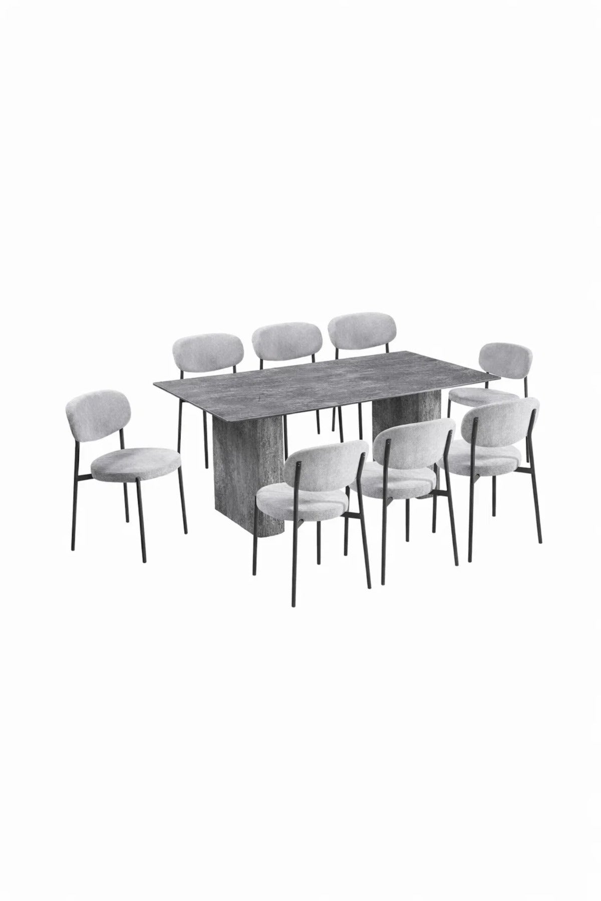 Luxury 8-Person Grey Dining Table Set with Modern Stone Effect Top and Upholstered Chairs for Home