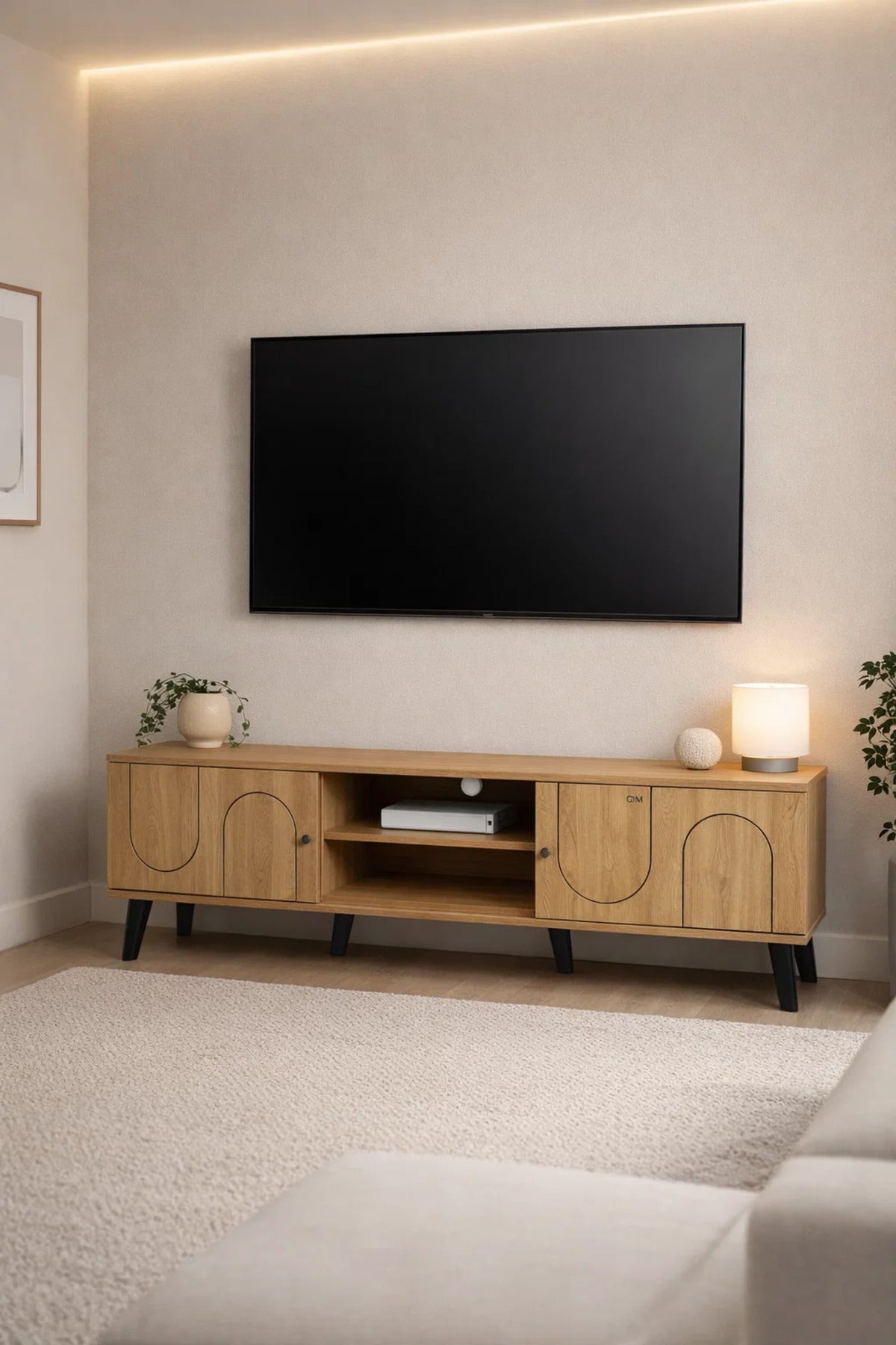 Modern Wooden TV Stand Light Brown with Curved Line Design 160 x 40 x 44 cm