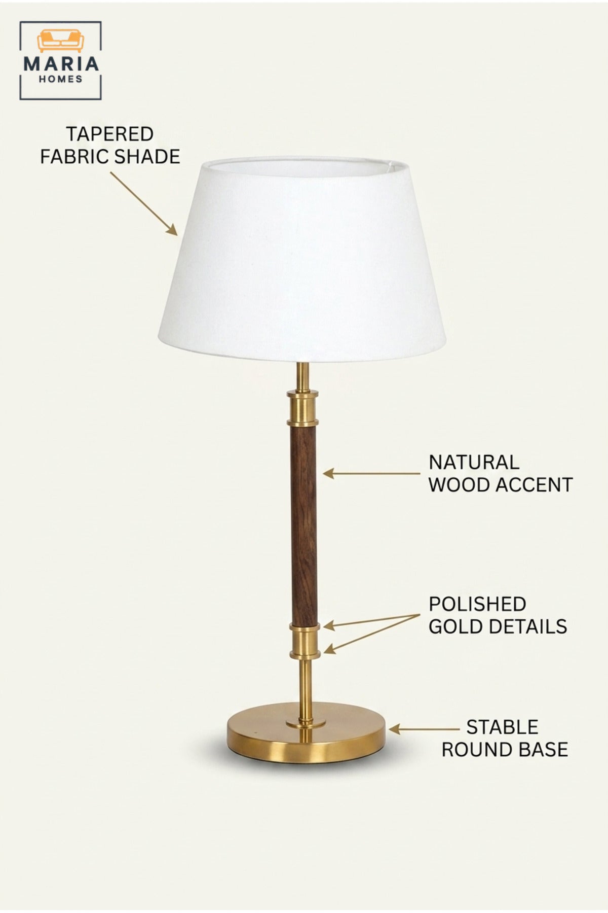 Modern Wooden Table Lamp with White Fabric Shade and Gold Base Elegant Bedside Desk Light for Bedroom Living Room Office Hotel and Home Décor