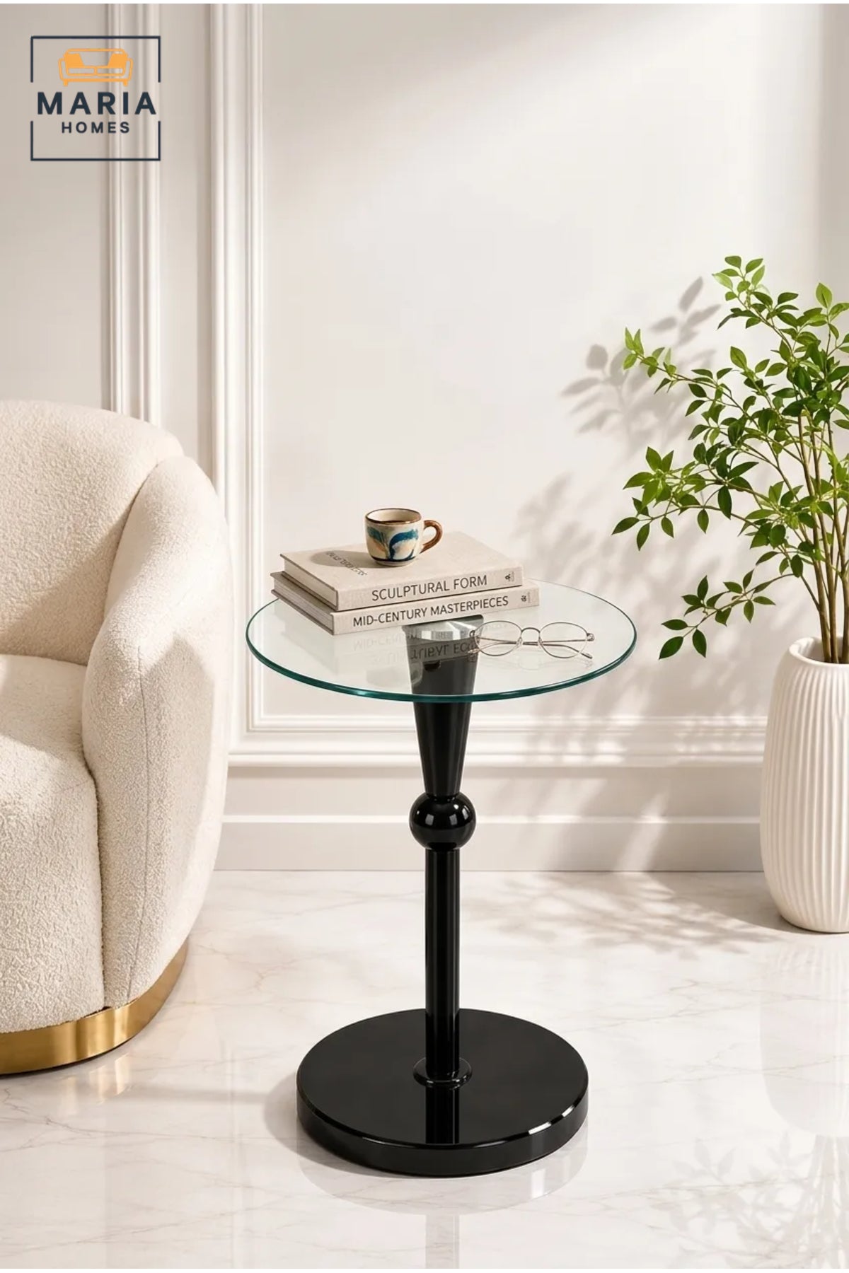 Modern Round Glass Side Table with Black Pedestal Base