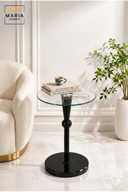 Modern Round Glass Side Table with Black Pedestal Base