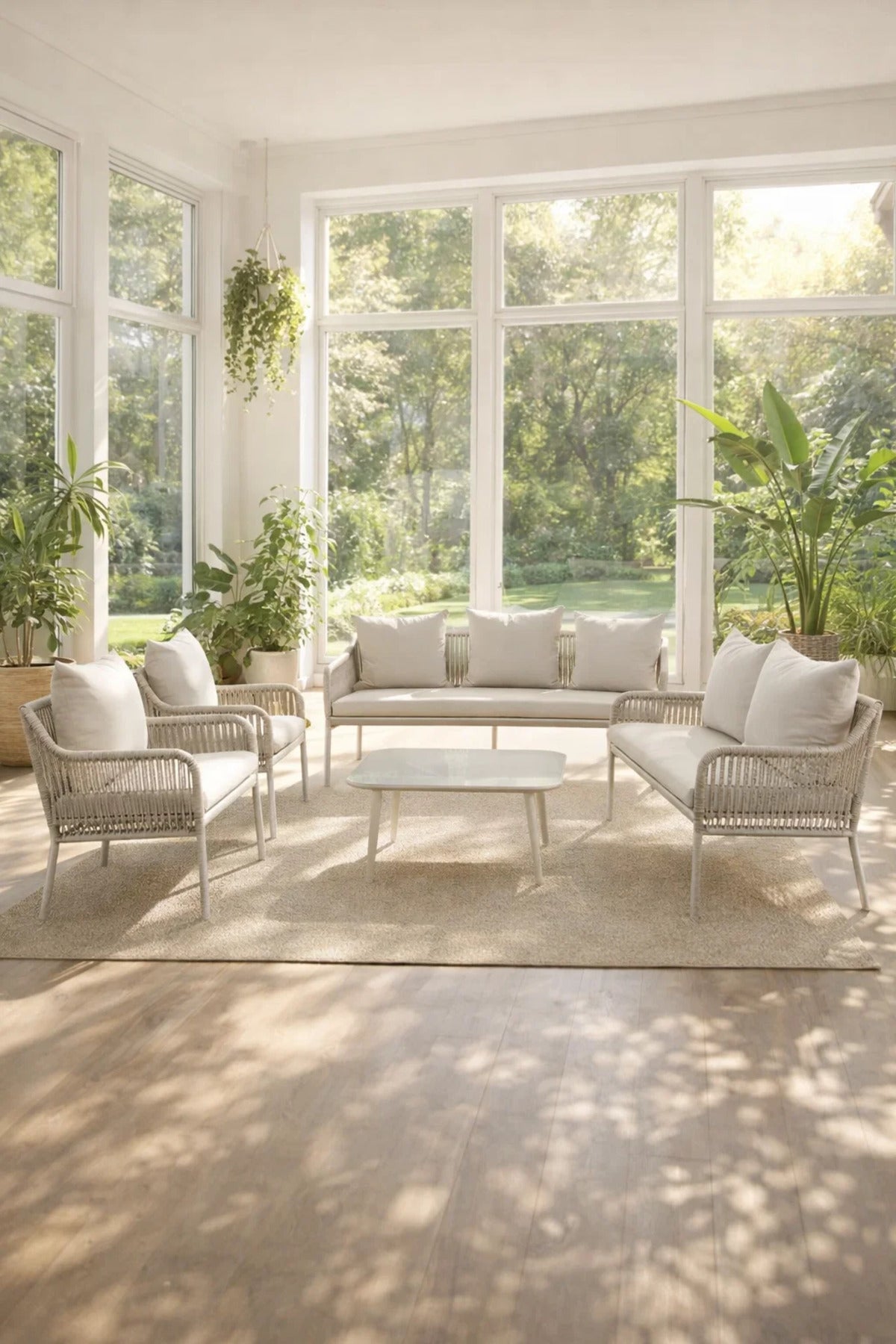 Elegant 7-Piece White and Beige Outdoor Sofa Set with Coffee Table √ê Modern Seating for Any Space