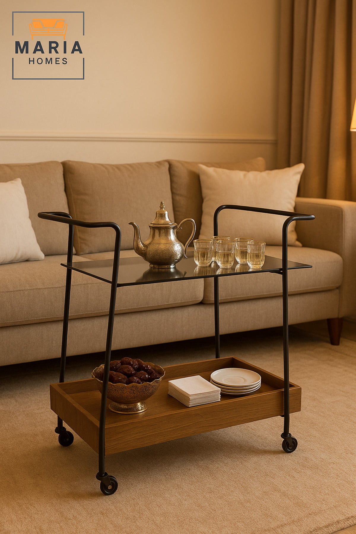 Bar Trolley with Brown Wooden Tray & Gray Glass Top Ð Modern Serving Cart with Wheels 70_45_85 cm