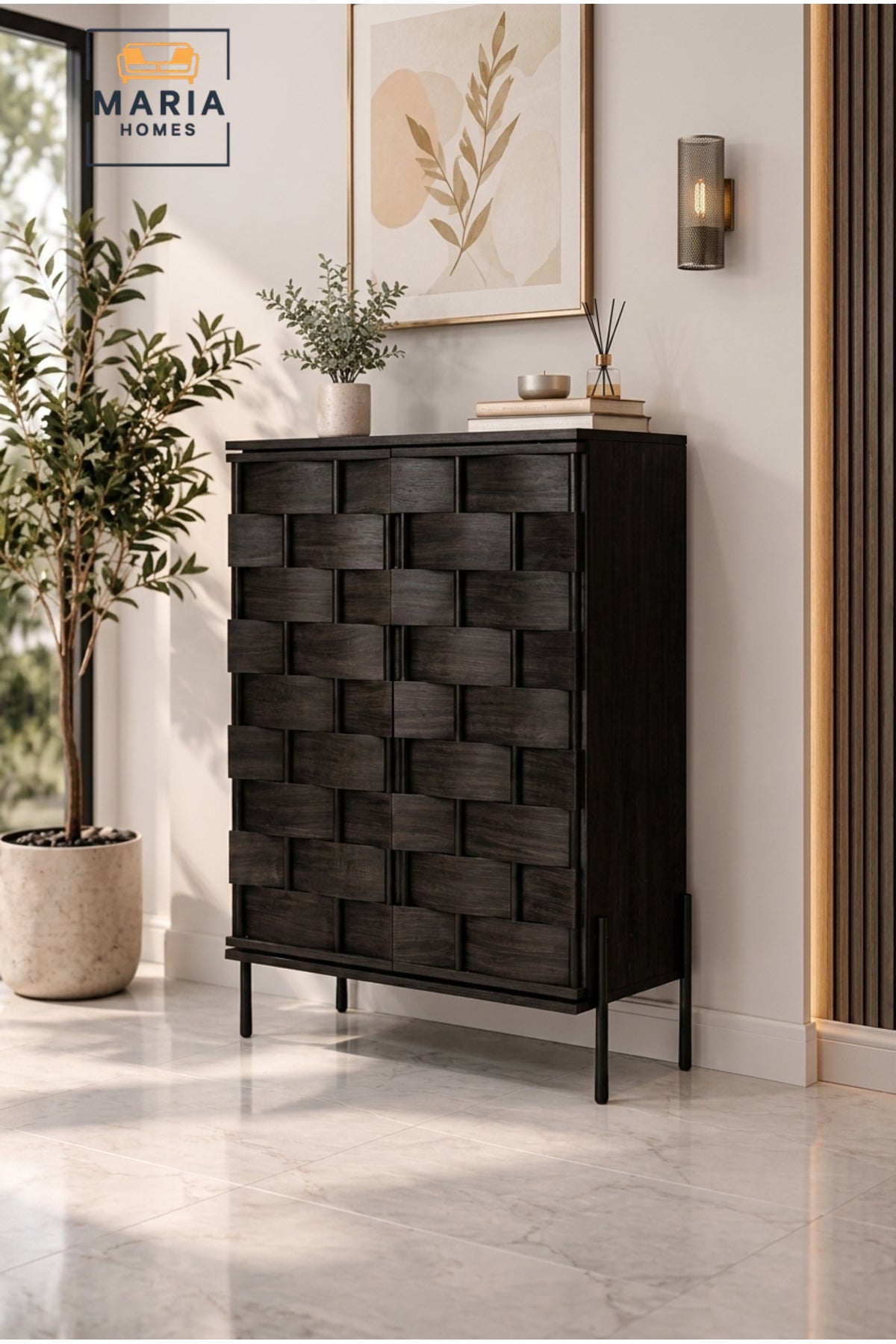Modern Black Accent Cabinet with 3D Woven Door Design √ê Decorative Storage Cabinet for Living Room, Entryway & Dining Room