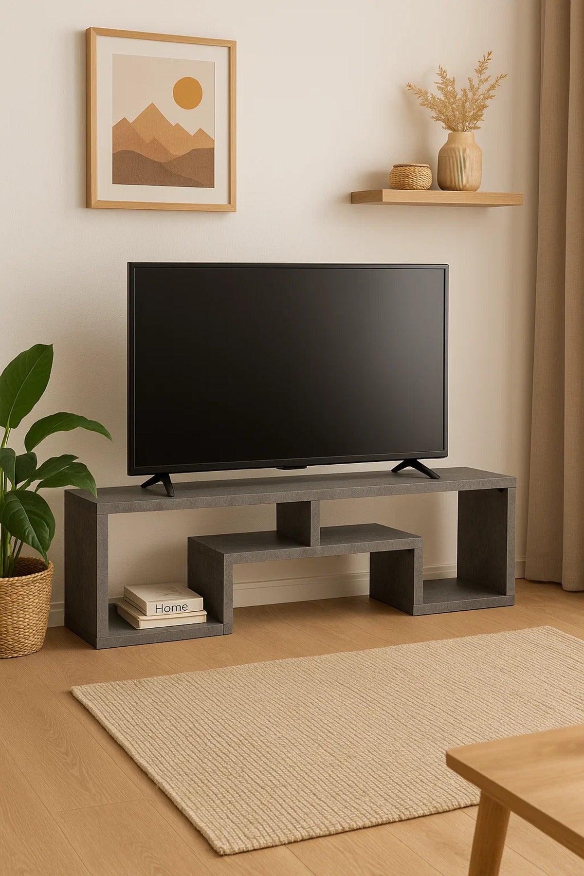 Modern Style Gray TV Stand Ð 160x30x50 cm Minimalist Open Shelf Media Console