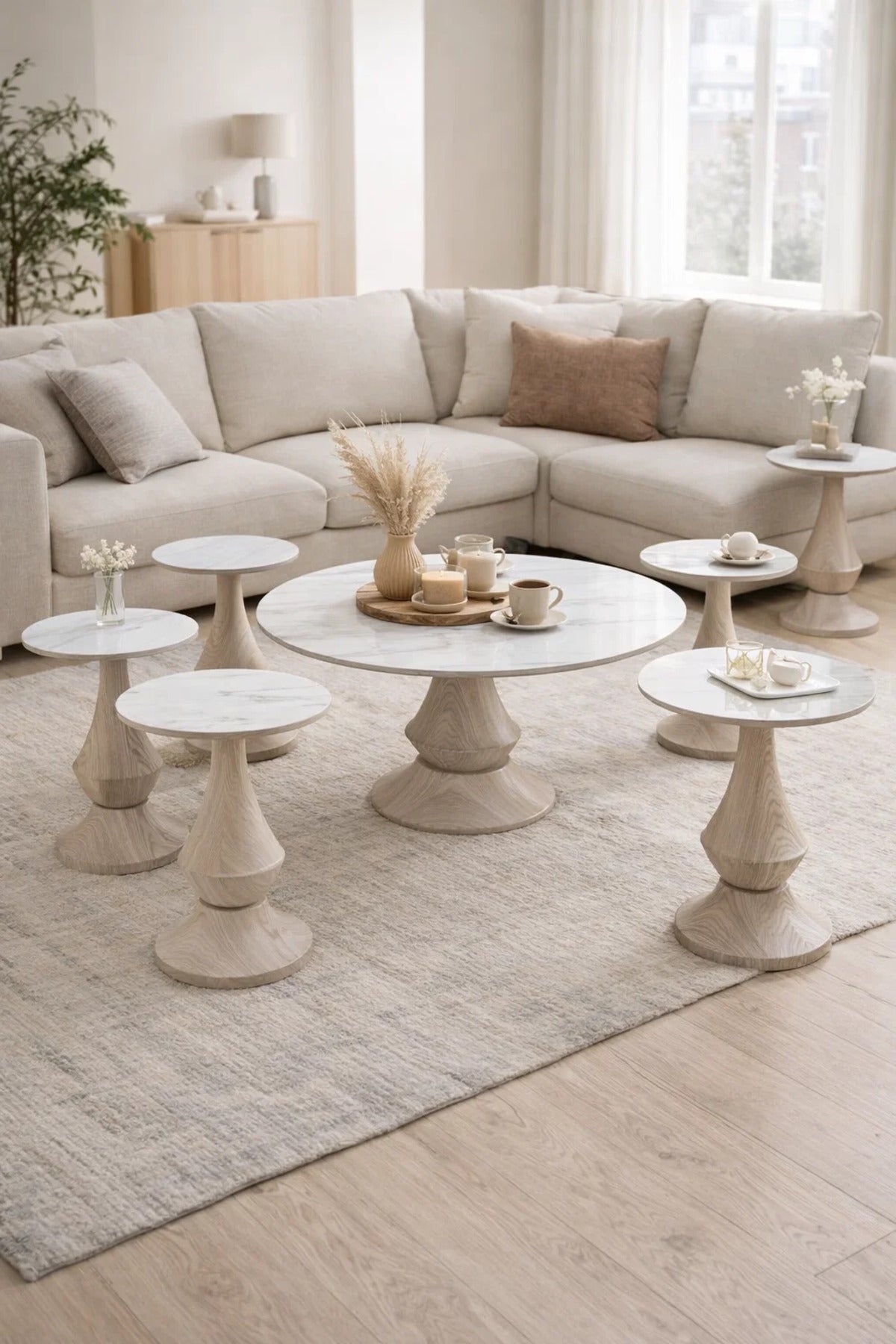 Modern 7-Piece Ceramic centerTable Set with Wood Base - 1 Center & 6 Side Tables for Living Room