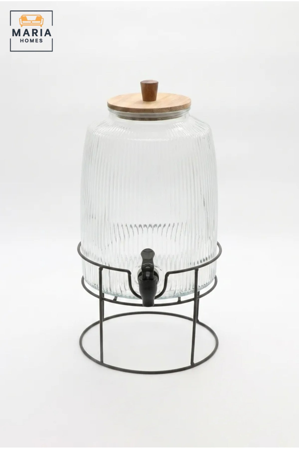 Large Glass Beverage Dispenser with Tap, Wooden Lid and Metal Stand, Drink Jar for Water, Juice, Lemonade, Iced Tea, Parties and Buffets