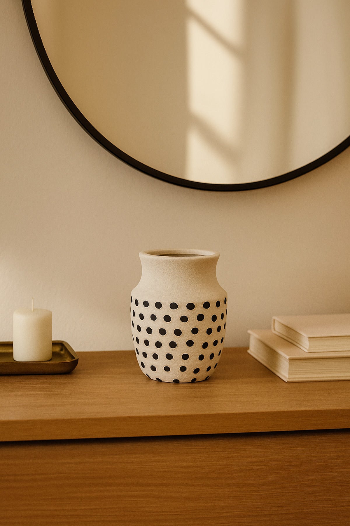 Natural White Ceramic Vase with Black Dots Ð Small Curved Mouth Decorative Vase