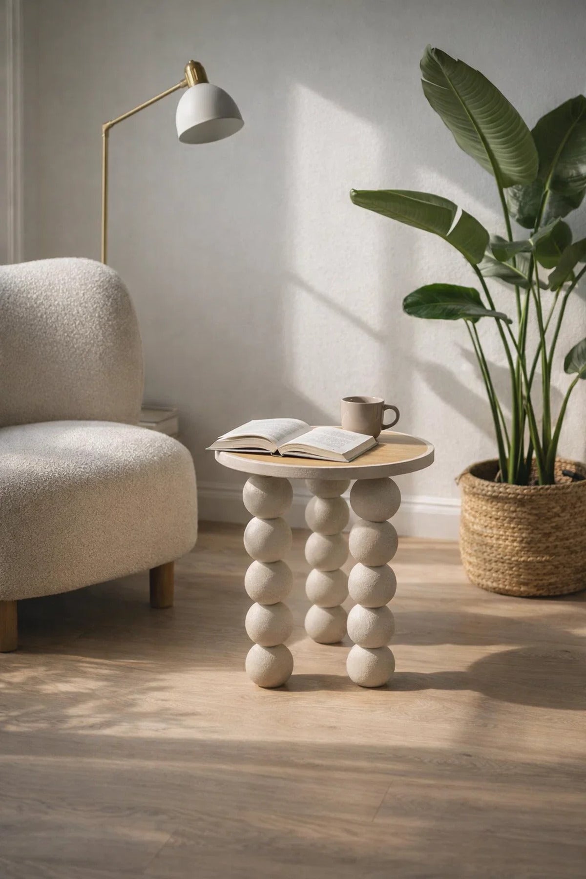 Stylish Beige Round Side Table with Unique Sphere Legs Wood Top for Modern Living Room Home