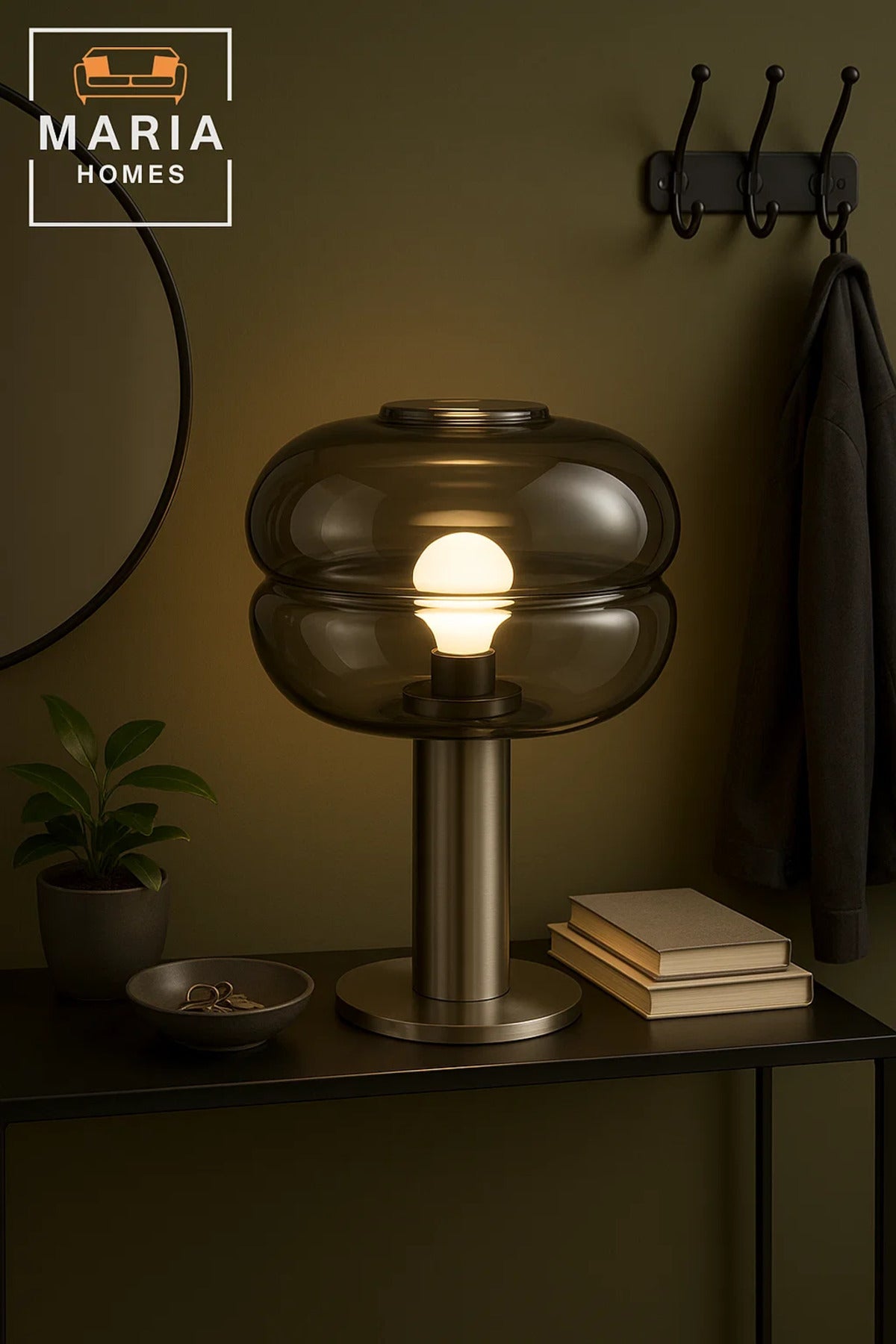 Brushed Steel Lamp With Smoked Glass Dome