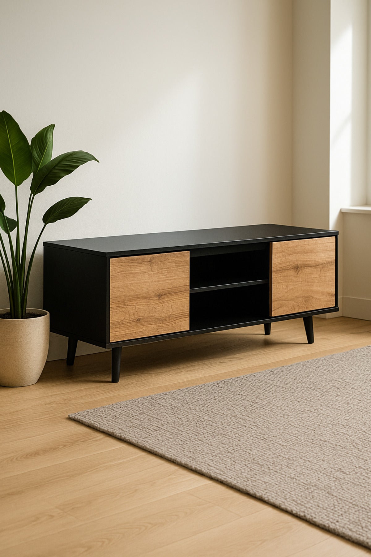 Modern Black & Wood TV Cabinet 160_40_57 cm Sleek Entertainment Unit with Sliding Doors