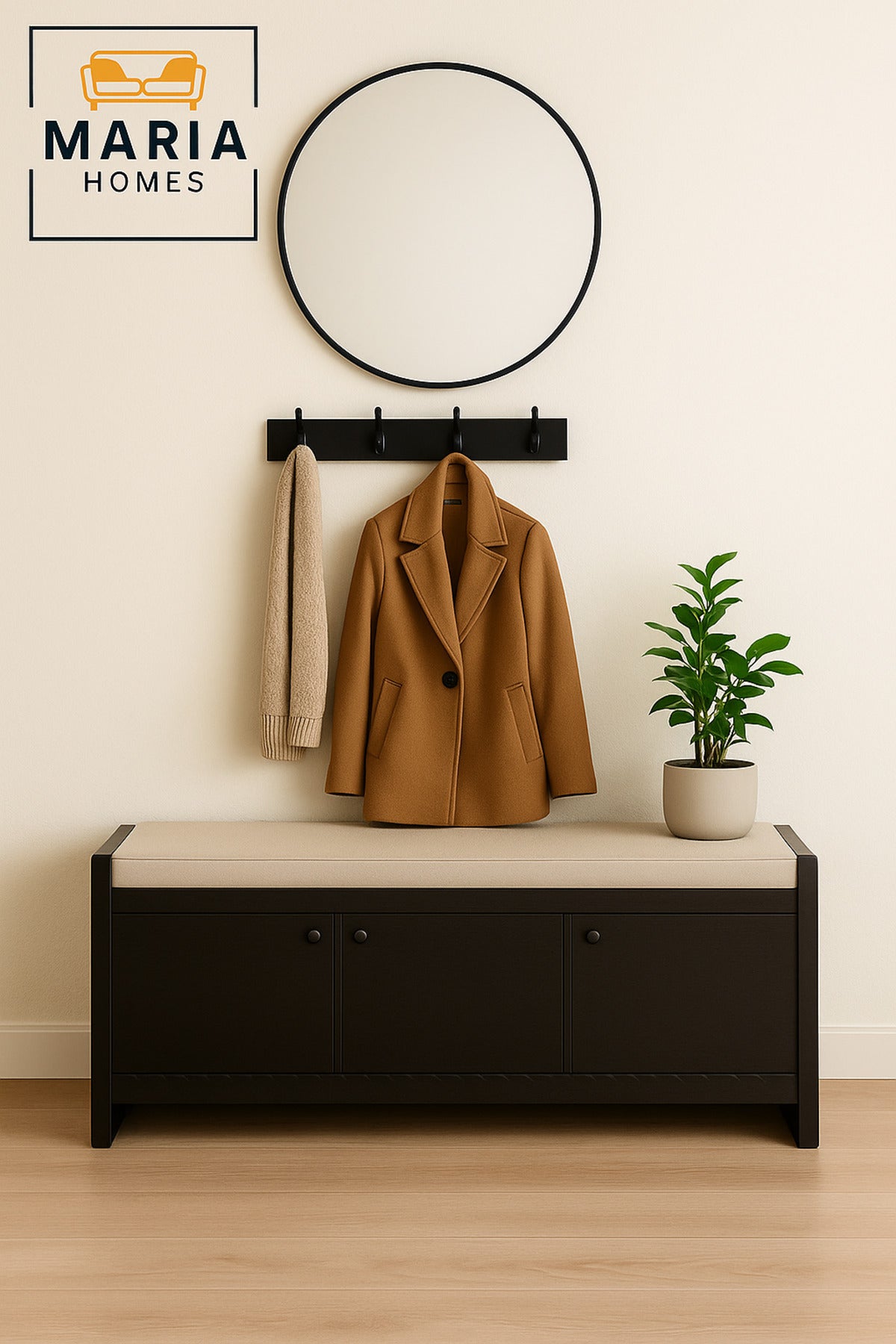 Black Wooden Storage Bench with Cushion Seat Ð Entryway Shoe Cabinet (120_40_52 cm)