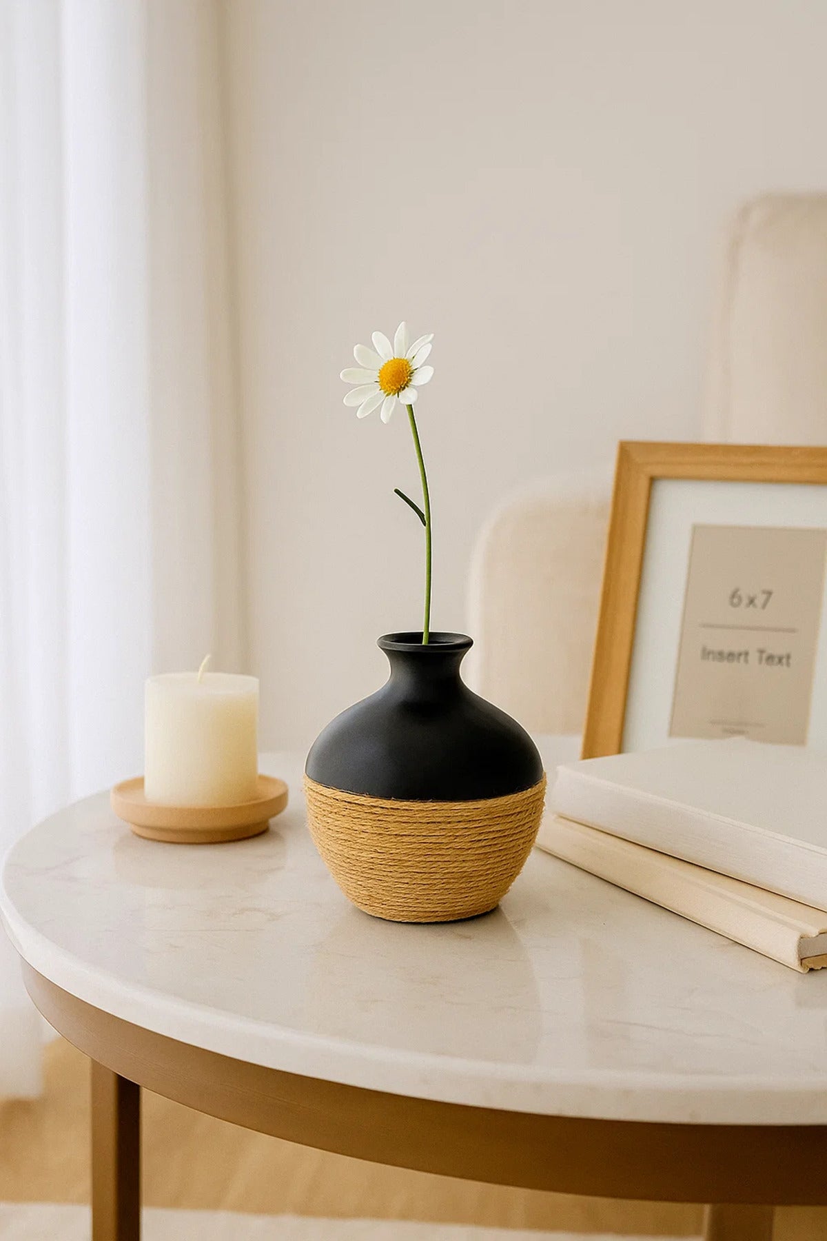 Black Ceramic Round Vase Ð Modern Decorative Rope Design Flower Pot for Home DŽcor