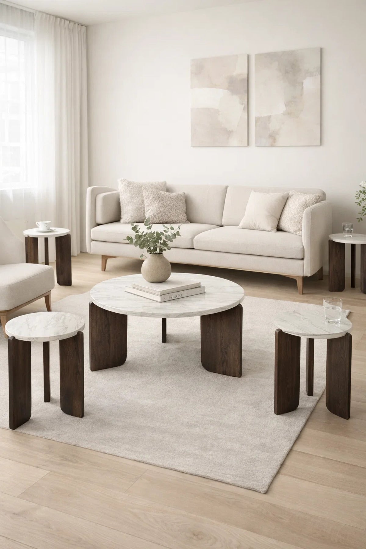 Luxury 5-Piece Round Center Table Set Cream Marble Top Dark Wood Legs Modern Living Room Decor