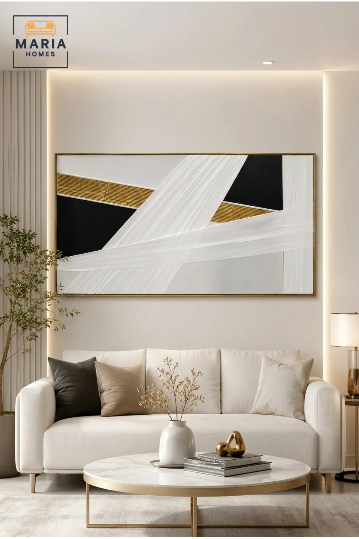 Luxury Horizontal Abstract Wall Art Ð Modern Black White Gold Geometric Framed Artwork for Living Room, Dining Room & Office DŽcor