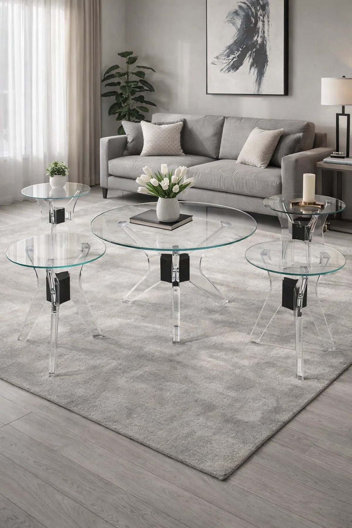 uxury 5-Piece Glass Coffee Table Set with Black Acrylic Base √ê Modern Living Room Set