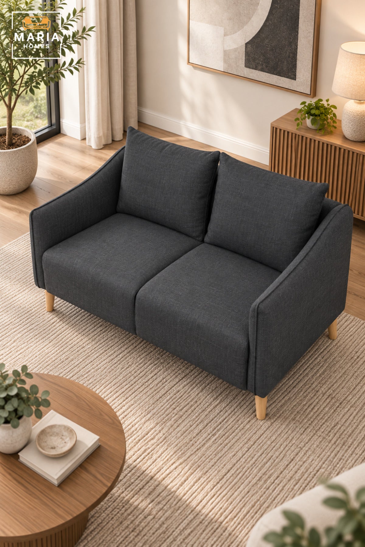 Modern 2 Seater Fabric Sofa with Soft Back Cushions, Comfortable Loveseat with Armrests and Wooden Legs for Living Room, Bedroom & Lounge