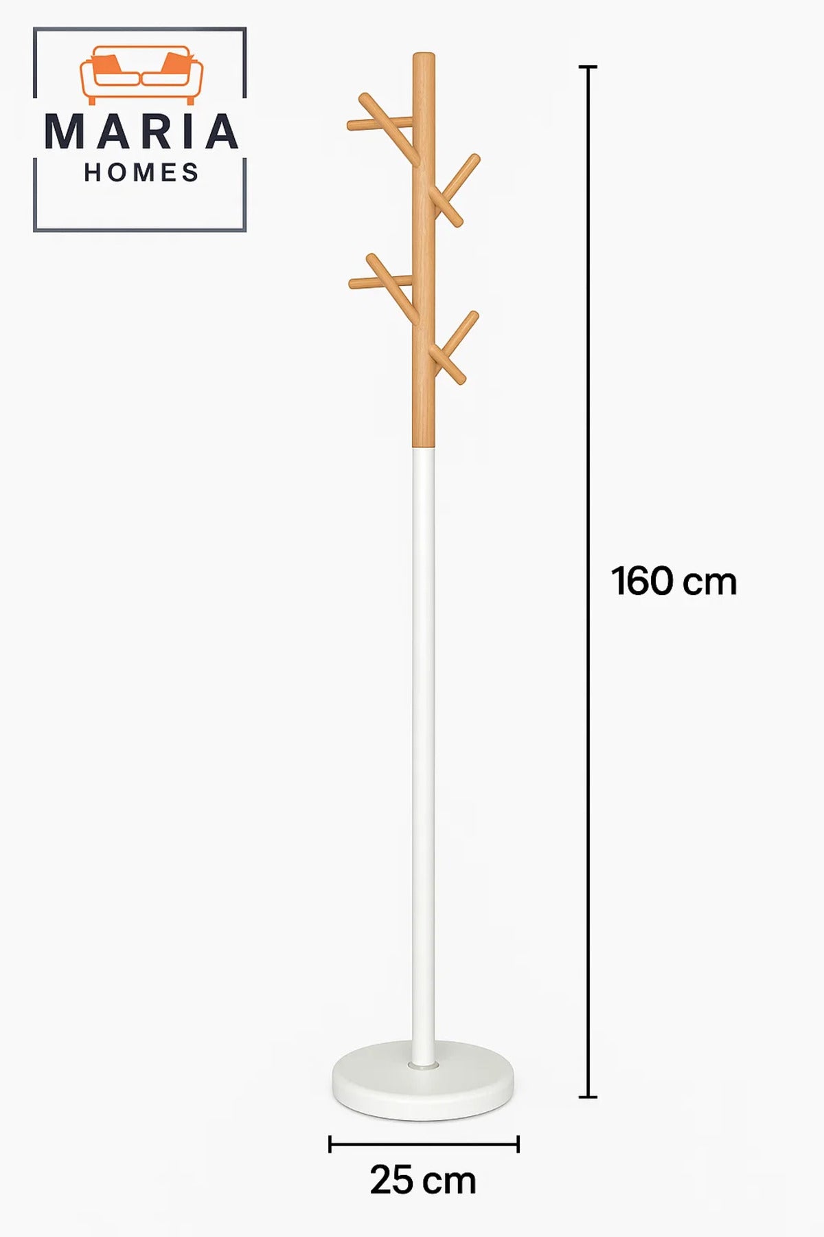 Modern Wooden Coat Rack with White Base and Angled Hooks