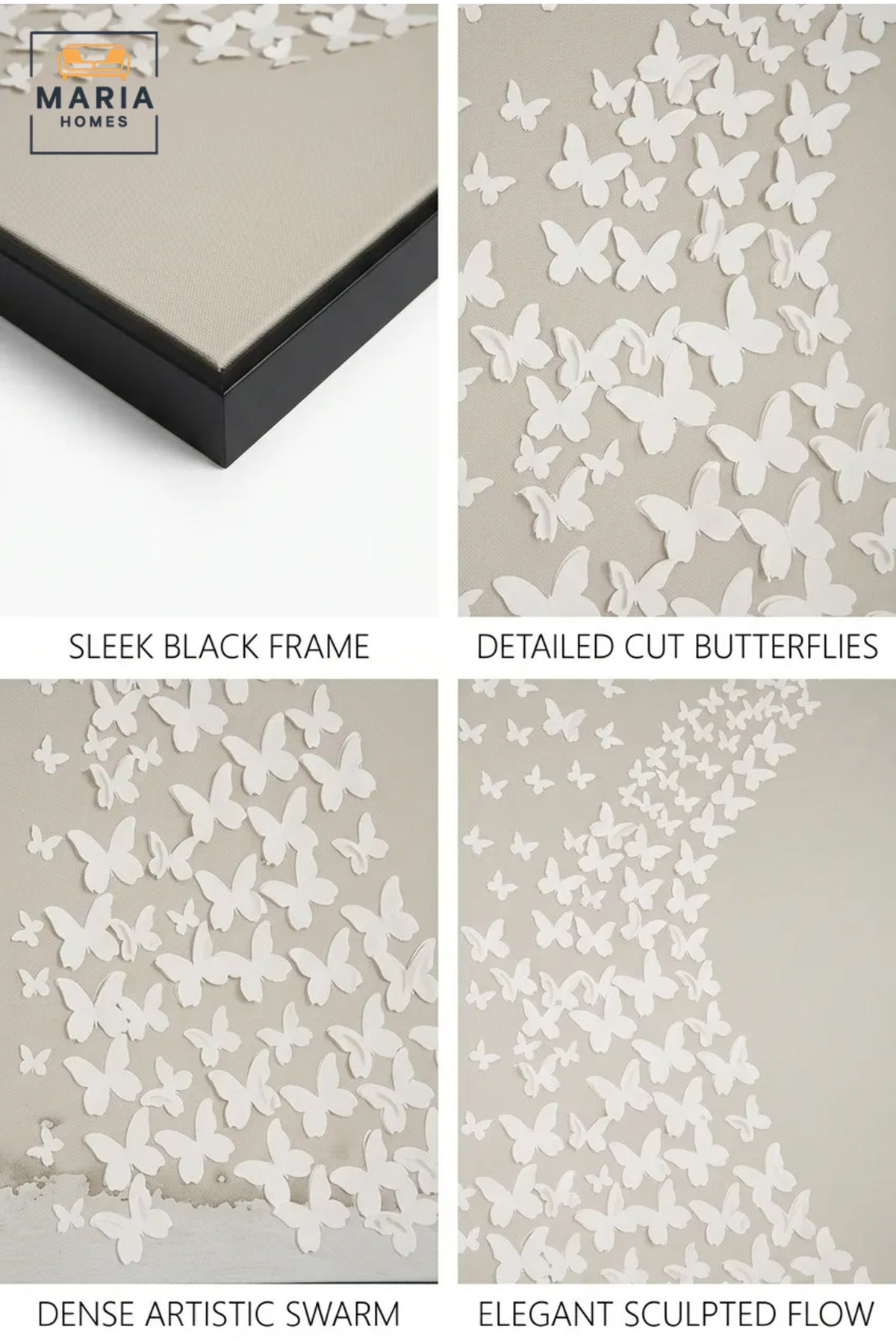 Modern Butterfly Textured Wall Art with Black Frame, White and Grey Abstract Canvas Print for Living Room, Bedroom, Hallway and Office Décor