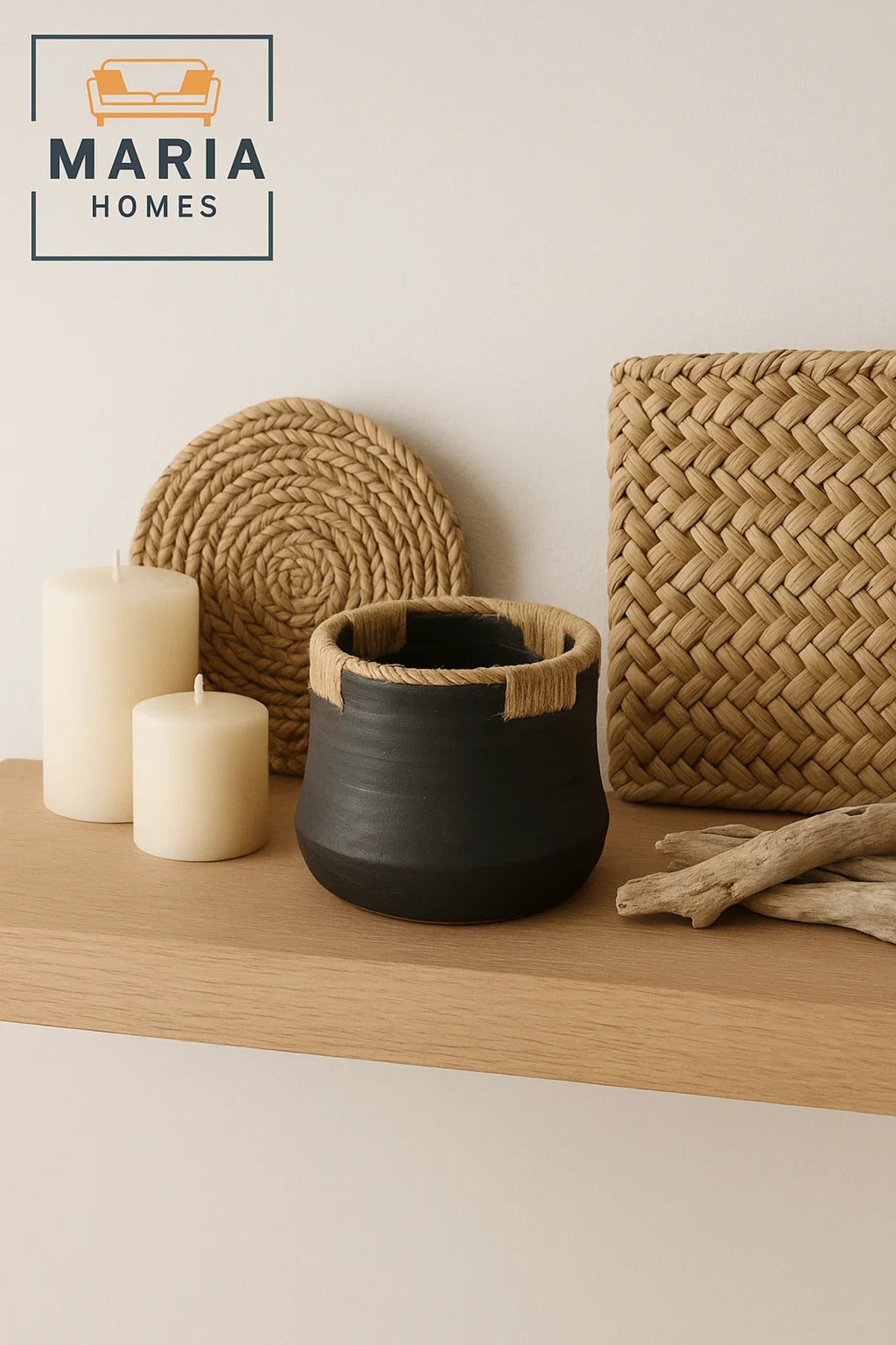 Rustic Black Ceramic Pot with Natural Jute Wrap Ð Small Decorative Accent
