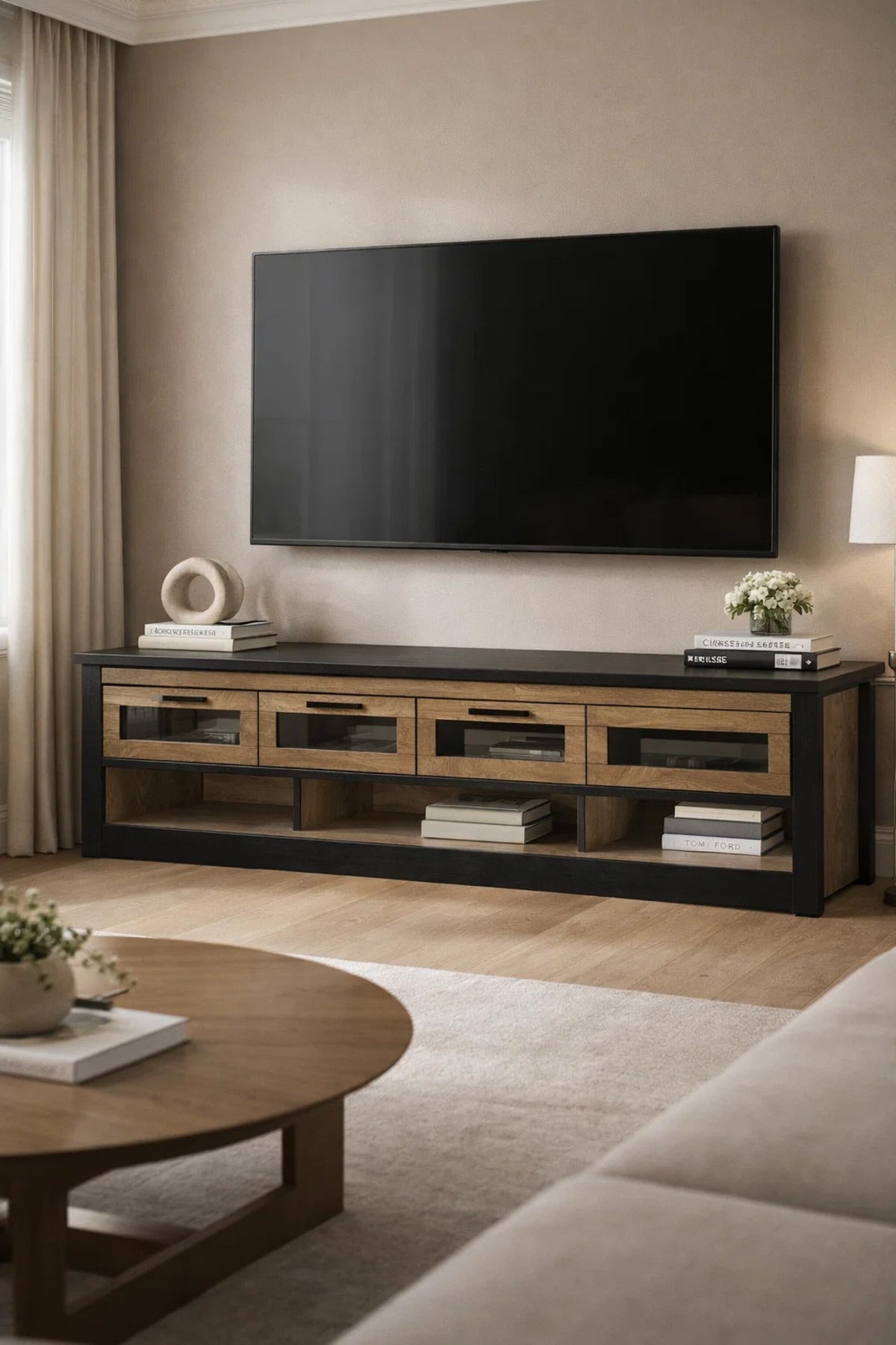 Walnut Oak TV Stand 200x40x50 cm Modern Wooden Plasma Table with Drawers & Shelves