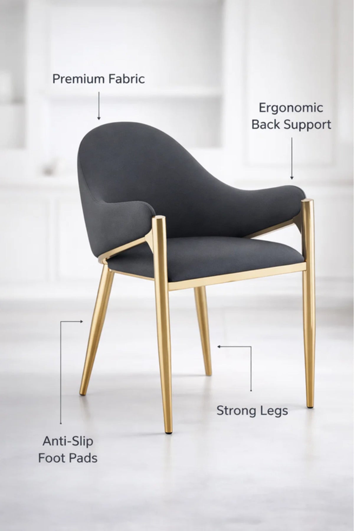 Luxury Dark Grey Velvet Dining Chair with Gold Metal Legs & Armrests
