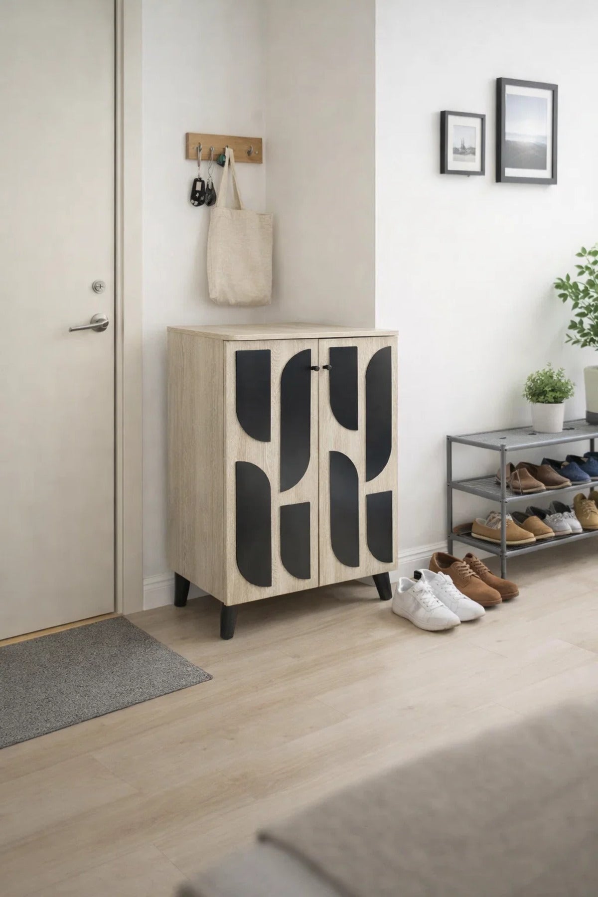 Beige Shoe Cabinet 60_34_91 cm √ê Modern Shoe Organizer with Decorative Doors