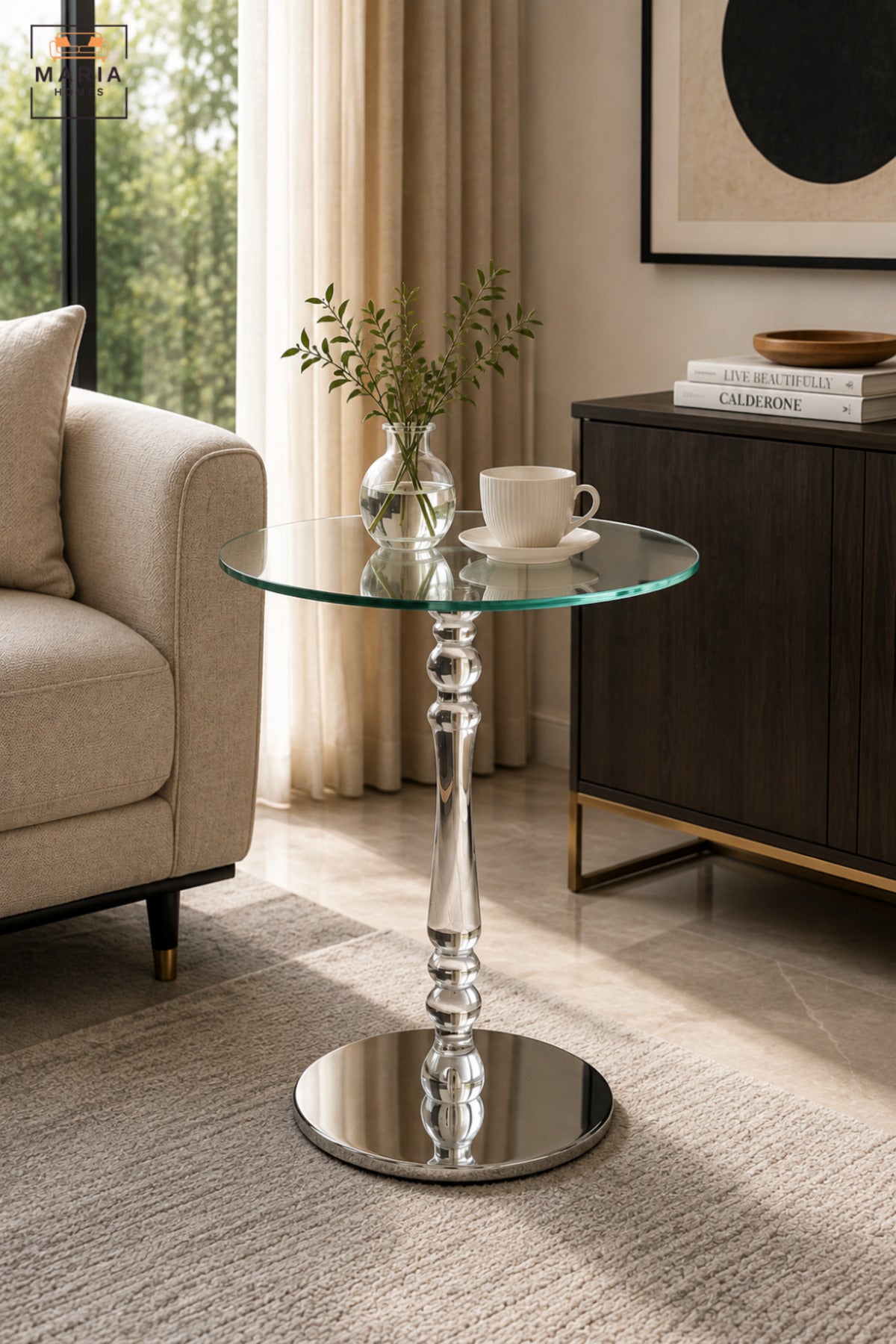Modern Round Glass Side Table with Clear Glass Top, Polished Silver Pedestal & Mirrored Base, Luxury Accent End Table for Living Room Bedroom Sofa Lounge