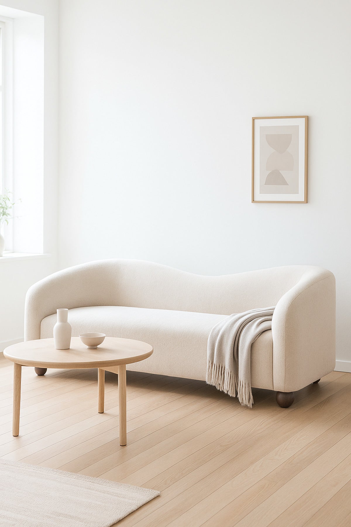 Modern Cream Curved Sofa Ð Minimalist Fabric Couch with Rounded Design and Wooden Legs