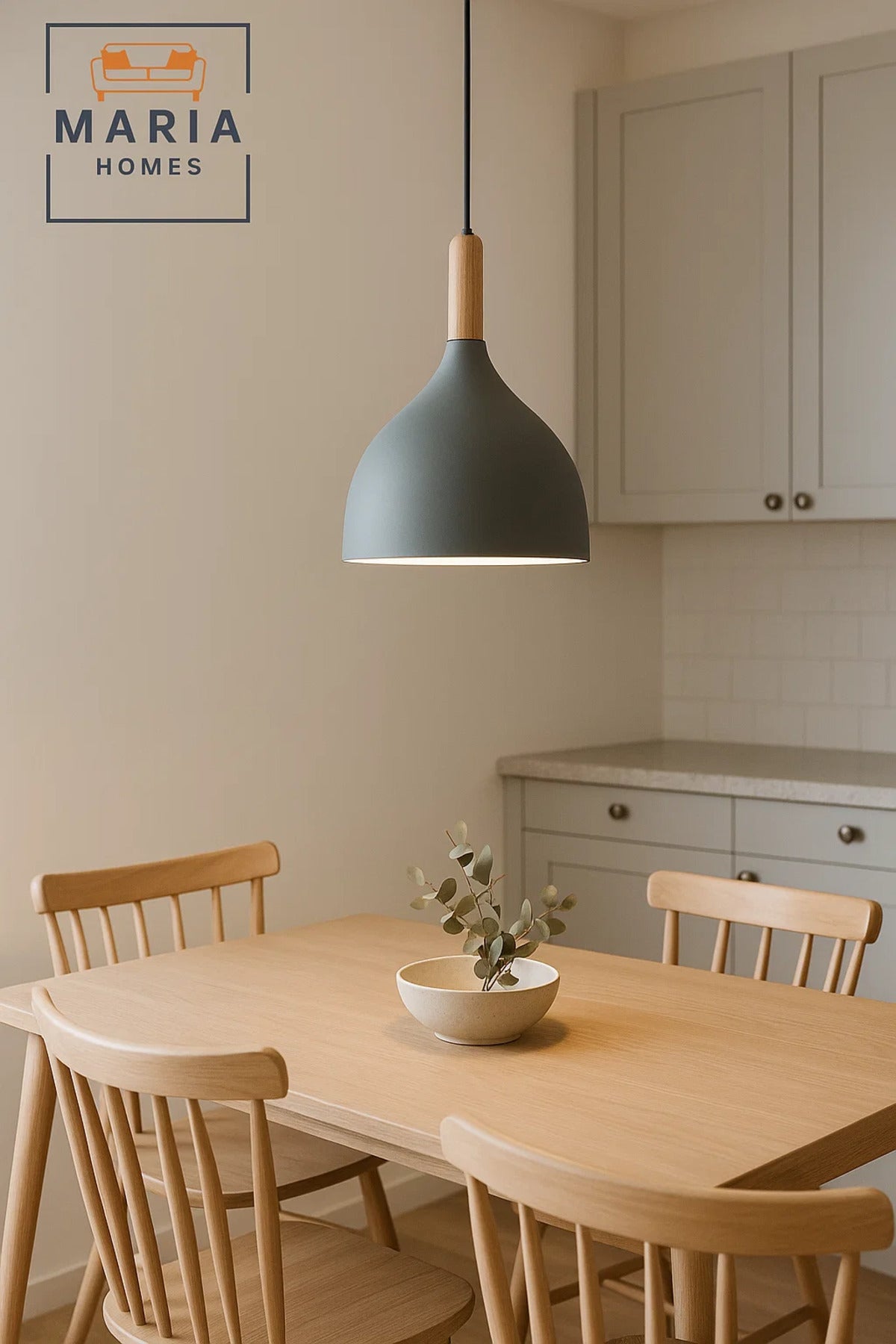 Matte Grey Pendant Light with Wood Neck