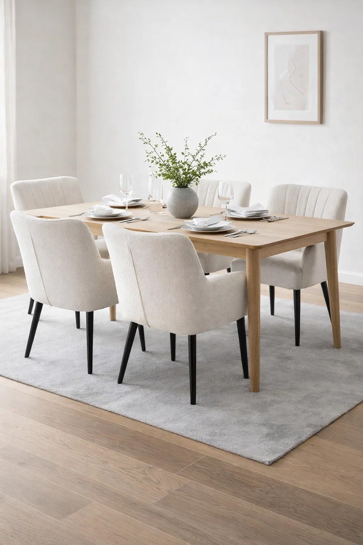 Modern White Boucle Dining Chair Soft Upholstered Armchair Black Legs for Kitchen and Dining Room