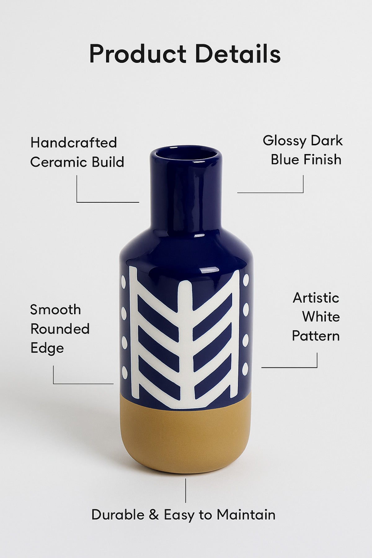 Dark Blue and White Ceramic Vase Ð Tall Cylindrical Geometric Decorative Vase