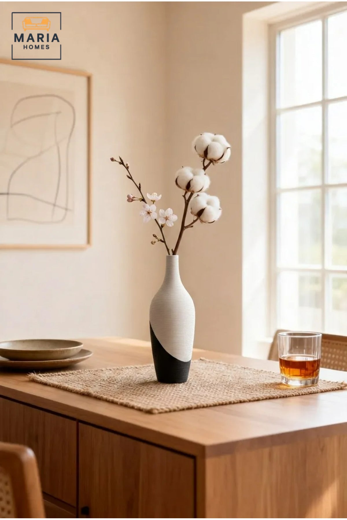 Modern Tall Decorative Flower Vase with Two-Tone Abstract Design, Slender Bottle Shape and Ribbed Texture for Living Room, Bedroom, Office and Console Décor