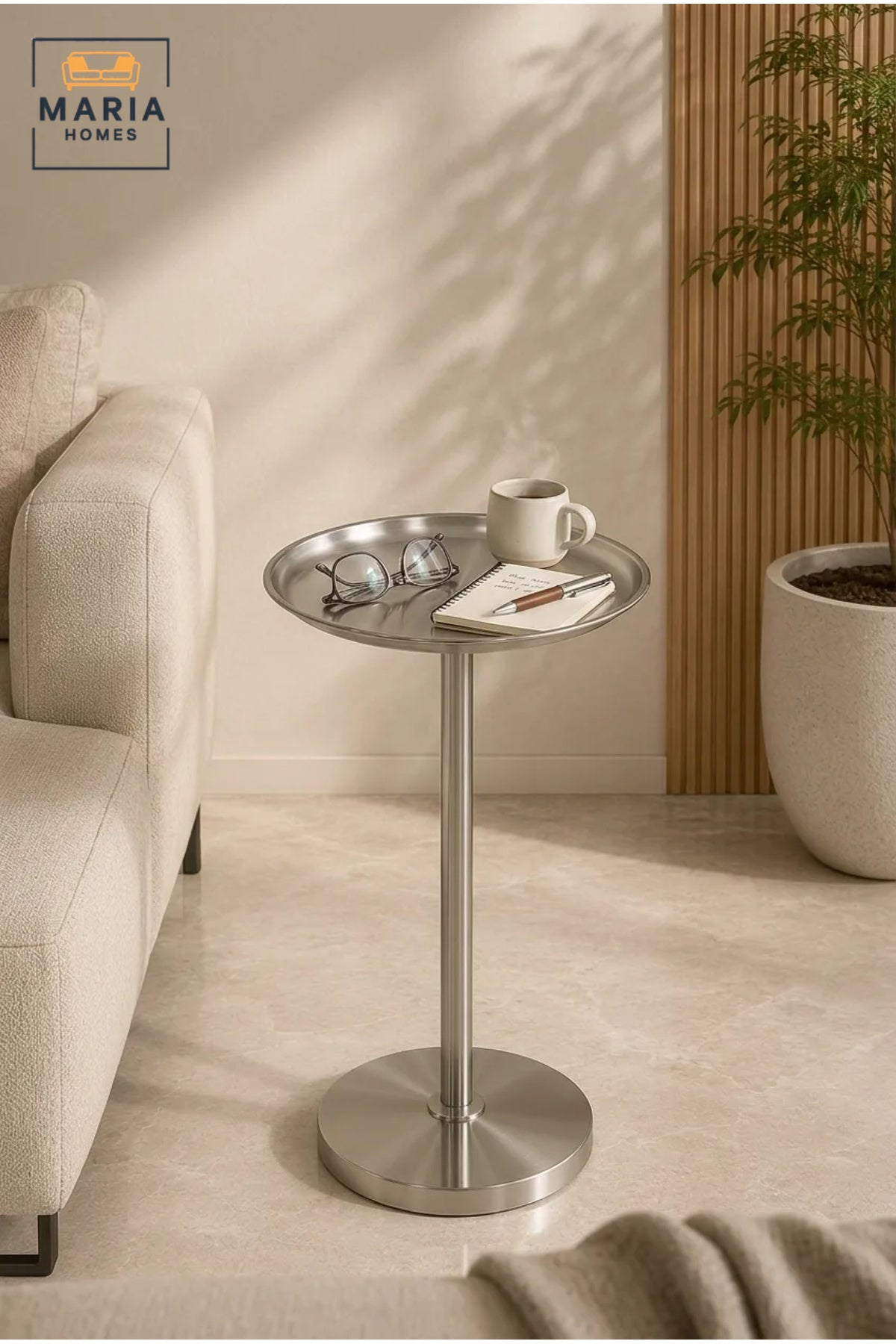 Modern Brushed Metal Side Table with Round Tray Top and Pedestal Base