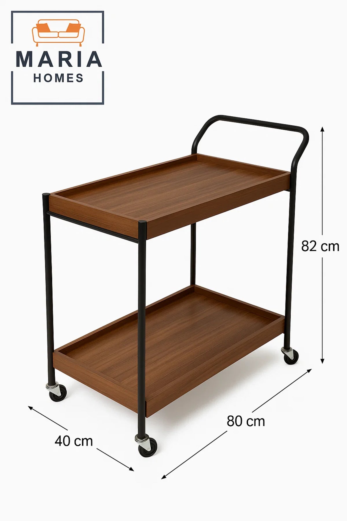 Modern 2-Tier Wooden Bar Cart Ð Walnut Finish Serving Trolley with Black Metal Frame and Wheels