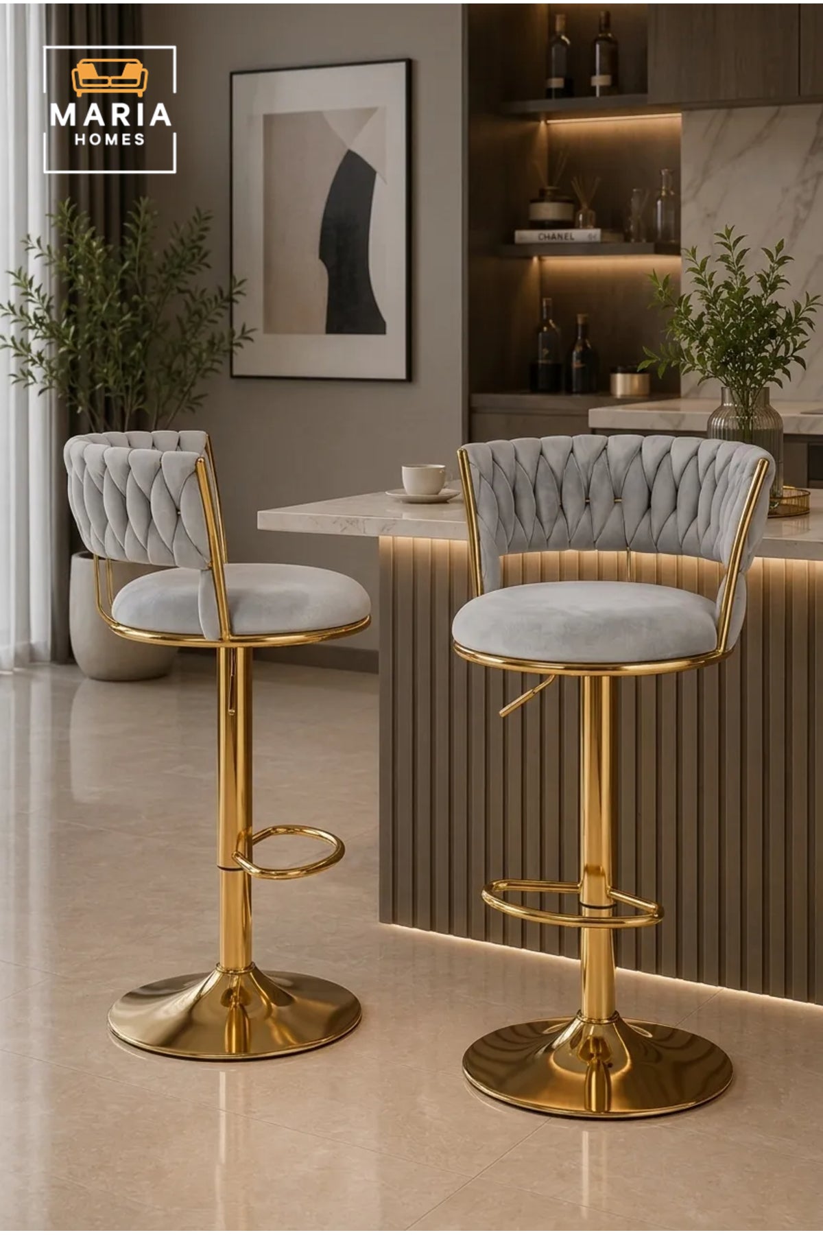 Luxury Adjustable Velvet Bar Stool with Quilted Backrest and Gold Finish Base