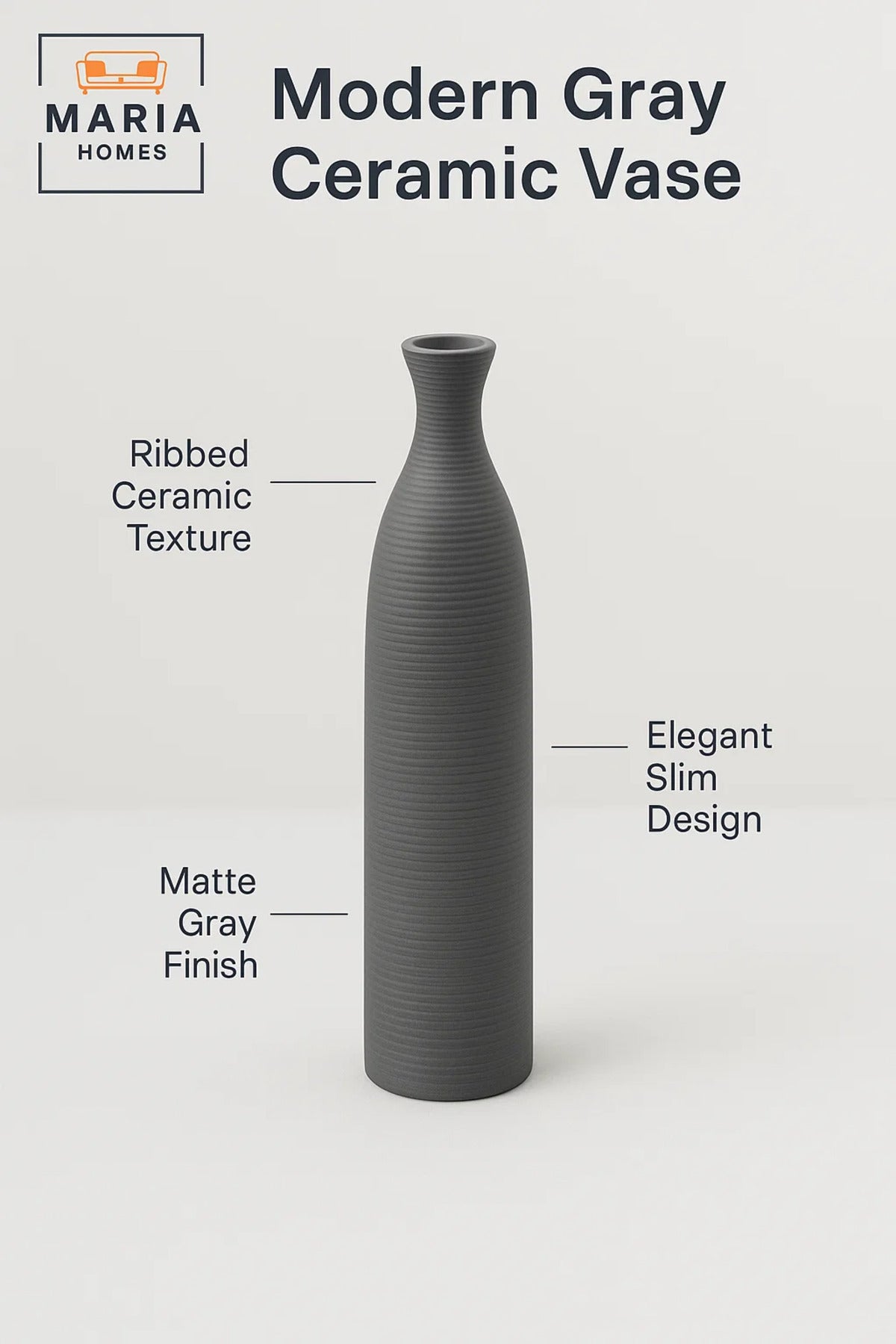Modern Tall Grey Decorative Vase Ð Slim Ceramic Flower Vase for Home and Office Decor