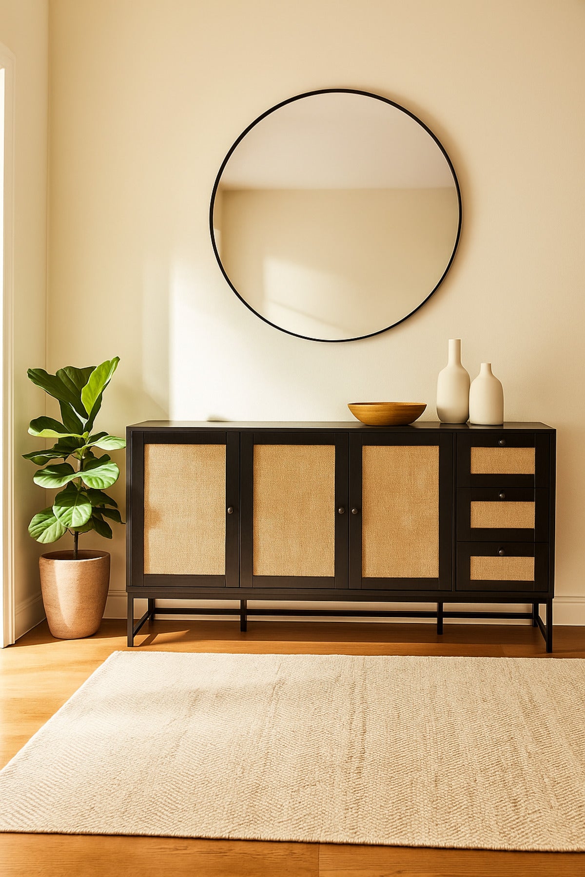 Black Rattan Console Table 160_40_85 cm Ð Modern Wooden 4-Door Storage Cabinet with 3 Drawers