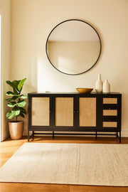 Black Rattan Console Table 160_40_85 cm Ð Modern Wooden 4-Door Storage Cabinet with 3 Drawers