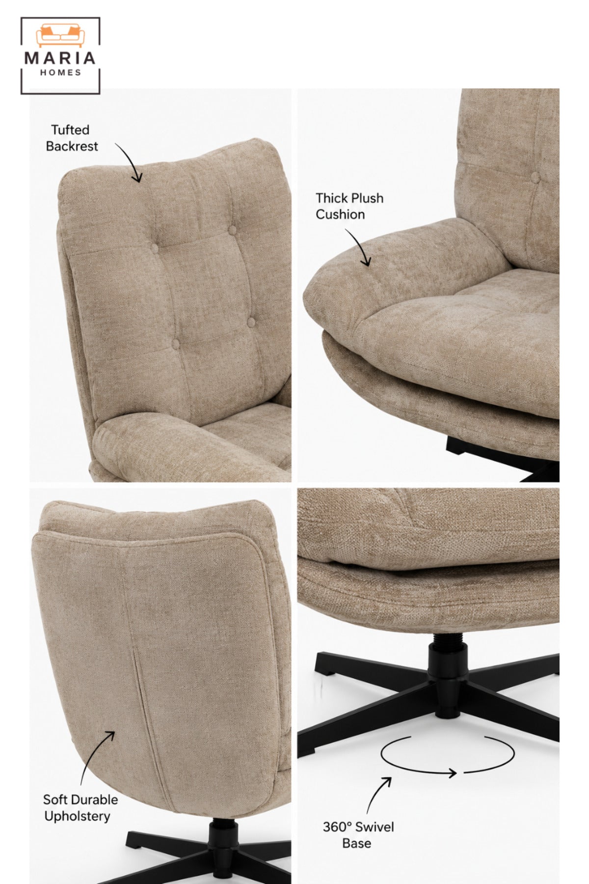 Modern Swivel Lounge Chair with Tufted High Backrest & Deep Cushioned Seat | Contemporary Accent Chair for Living Room, Bedroom, Office & Reading Area