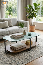 Modern Rectangular Coffee Table with Textured Glass Top, Wooden Lower Shelf and Curved Frame, Two-Level Center Table for Living Room, Lounge and Office