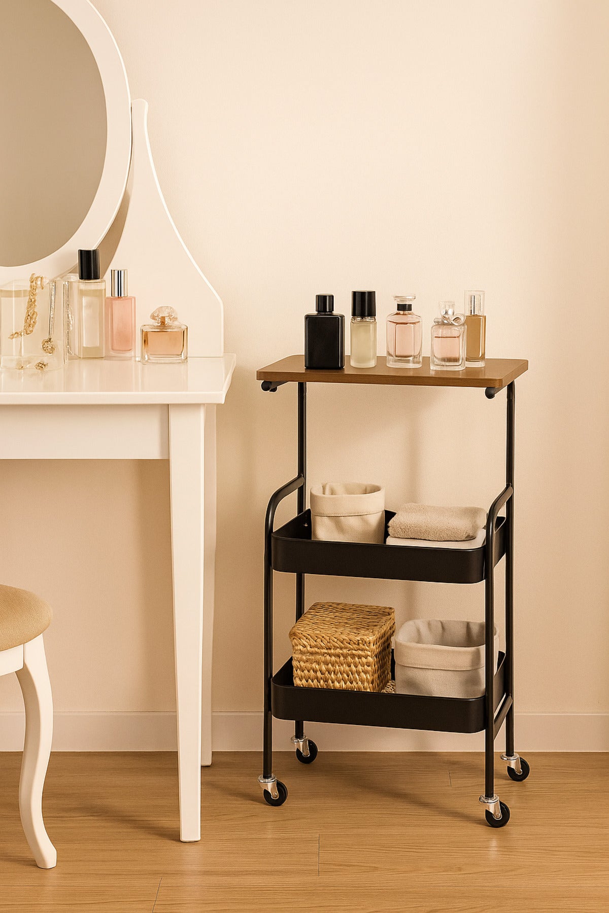 2-Tier Black Metal Storage Trolley with Wooden Top Ð Multi-Purpose Rolling Cart