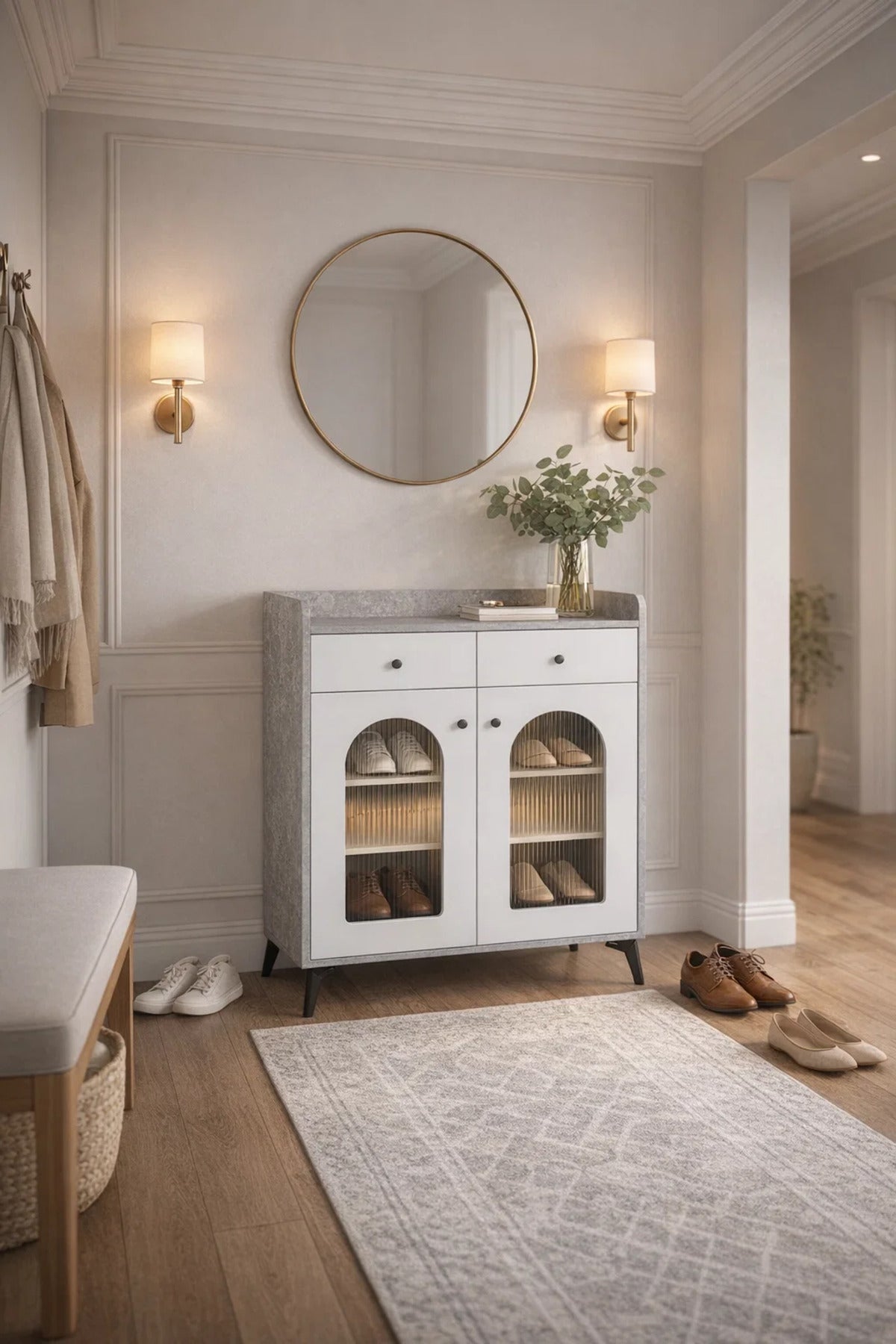 Modern 80cm Shoe Cabinet with Drawers and Arched Glass Doors for Stylish Entryway Organization