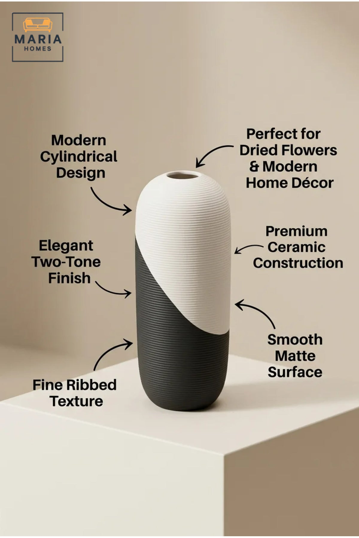 Modern Decorative Flower Vase with Two-Tone Abstract Design, Oval Cylinder Shape and Ribbed Texture for Living Room, Bedroom, Office and Console Décor