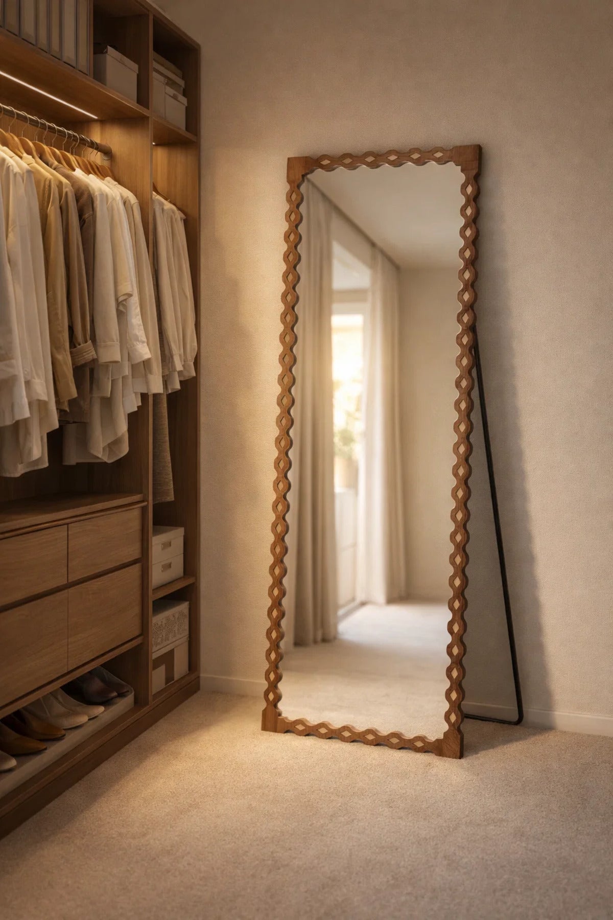 Full Length Mirror Walnut Natural Wavy Frame 160x60cm Bedroom Decor