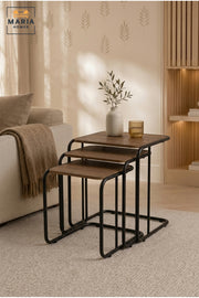 Set of 3 Nesting Side Tables with Wooden Tops and Metal Frames, Space-Saving End Tables for Living Room, Bedroom, Lounge and Office