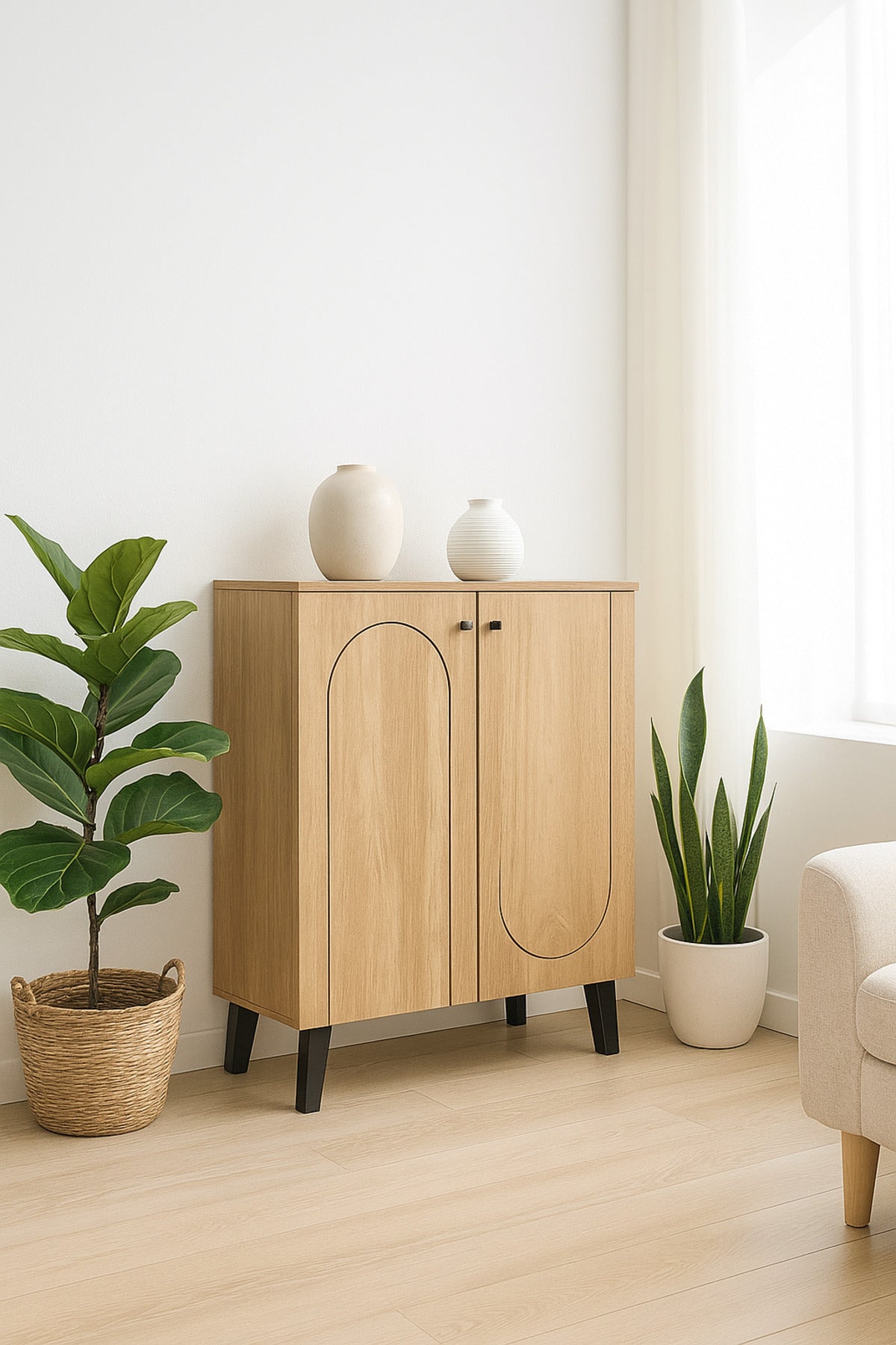 Light Brown Wooden Storage Cabinet 80_32_94 cm Ð Modern 2-Door Cupboard with Arch Design