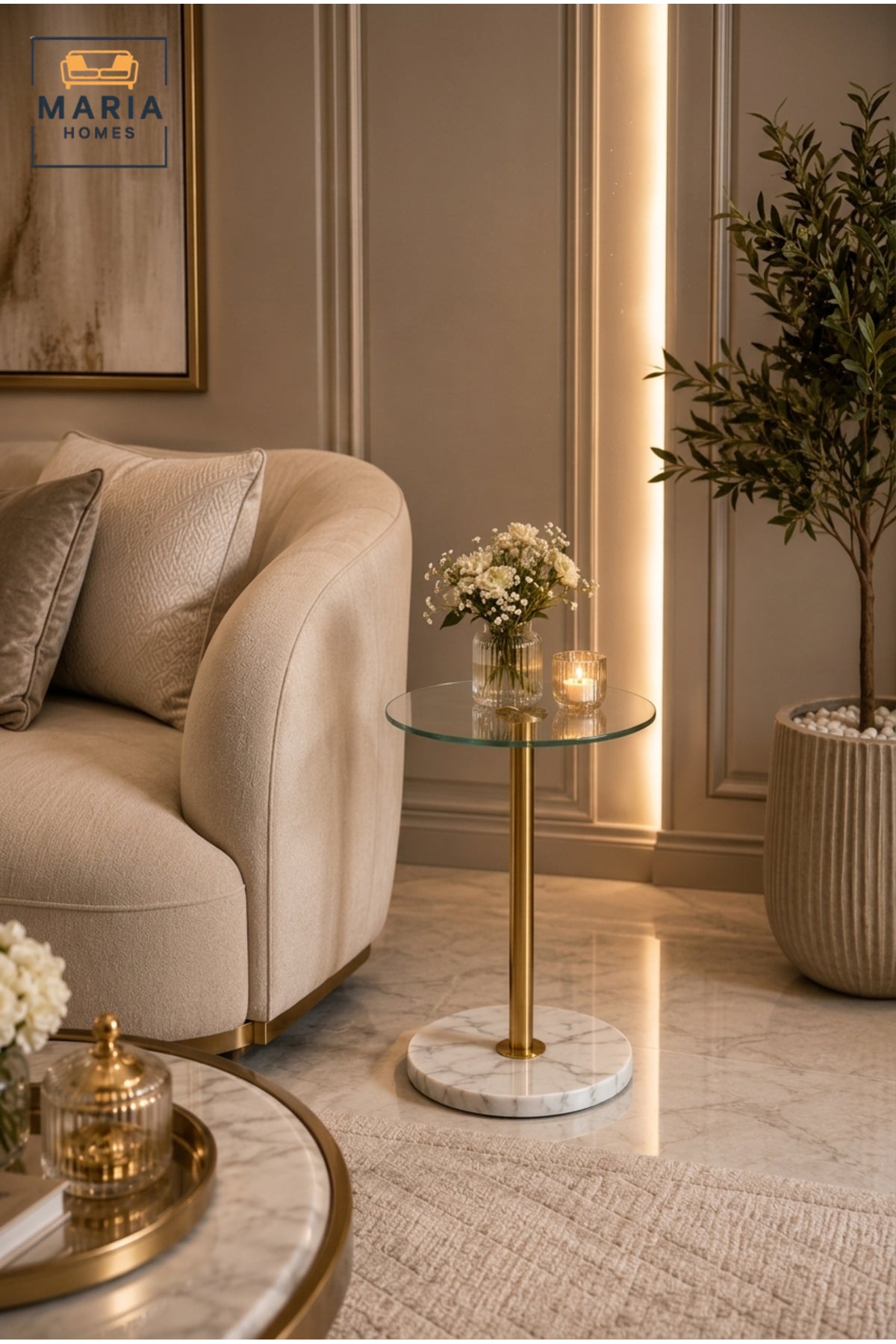 Luxury Glass Side Table Gold Metal Frame Marble Base Round End Table for Living Room