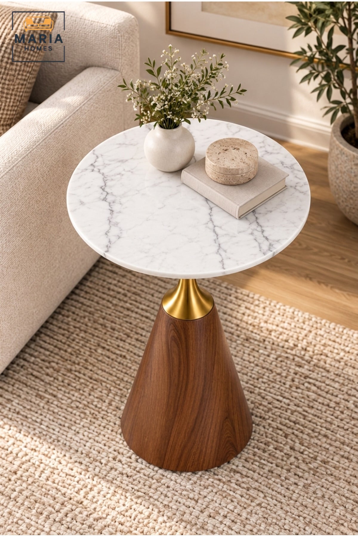 Modern Round Side Table with White Marble-Effect Top, Walnut Cone Base and Gold Accent Pedestal for Living Room & Bedroom – 60 × 67.5 CM