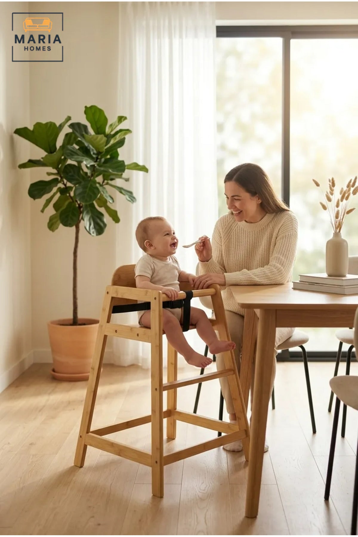 Wooden Baby High Chair | Natural Wood Feeding Chair with Safety Harness | Modern Toddler Dining Chair | Sturdy Kids High Chair for Home